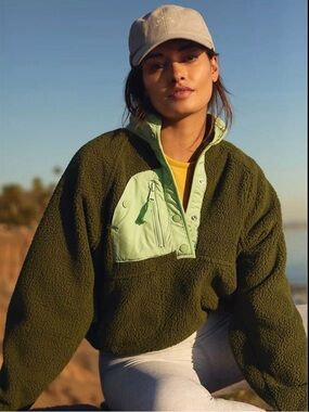 Free People-Hit the slopes colorblock fleece pullover -Everglade combo